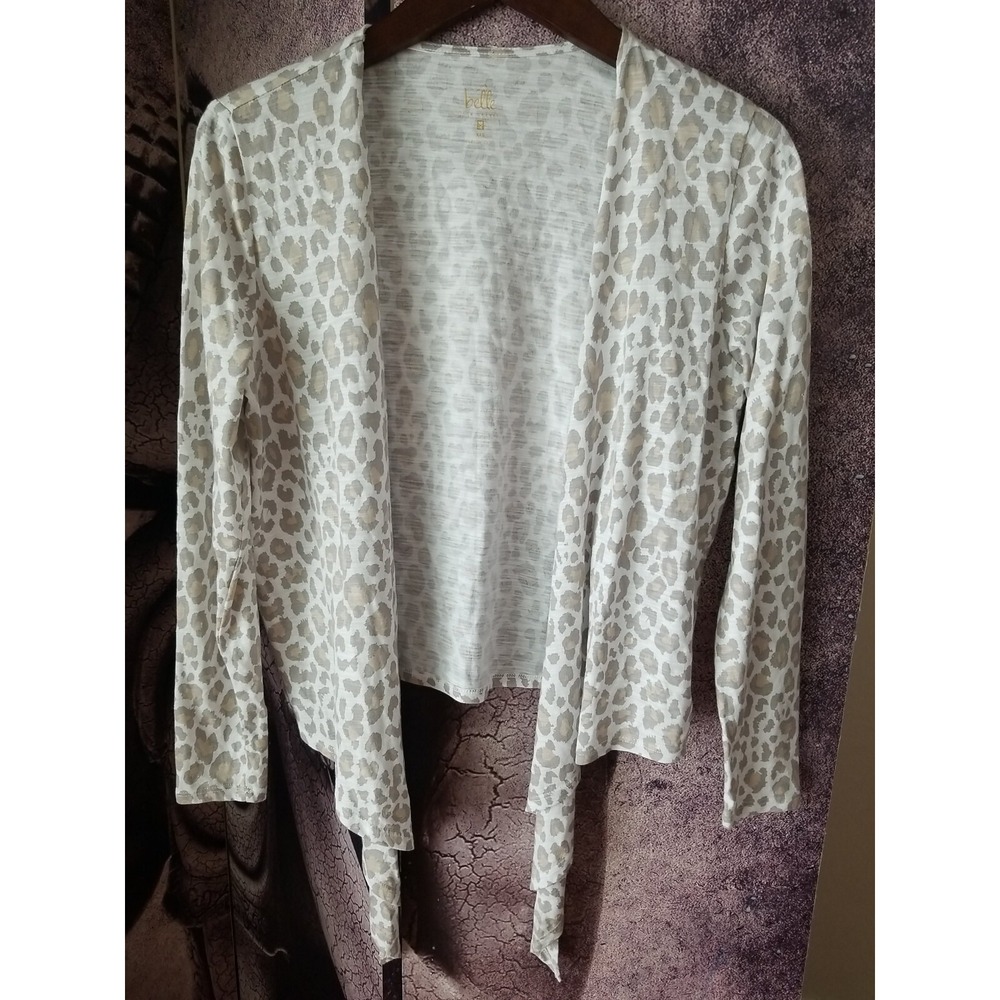 BELLE Kim Gravel Women Open Front White Brown Animal Print Cardigan Sweater XXS
